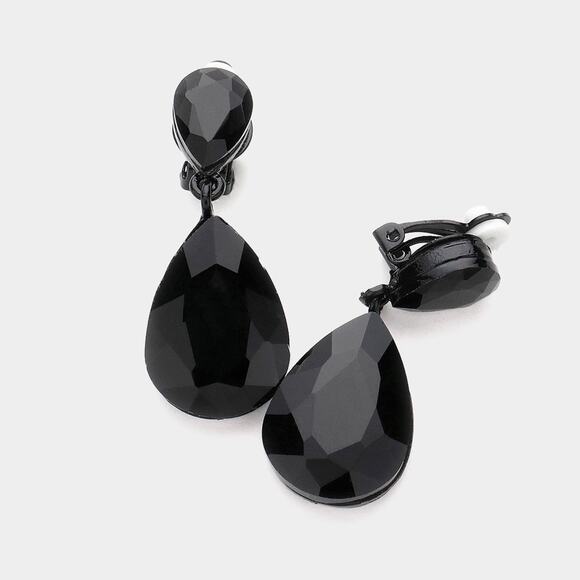 Clip on 1 3/4" black stone double teardrop earrings - Picture 2 of 4